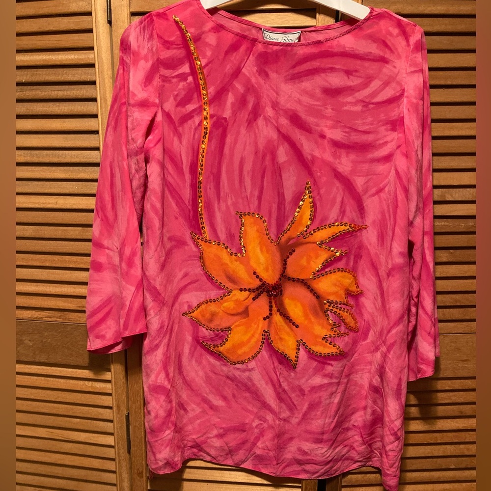 Vintage Diane Gilman BOHO Pink Silk Tunic with Beads & Sequins Embellishments